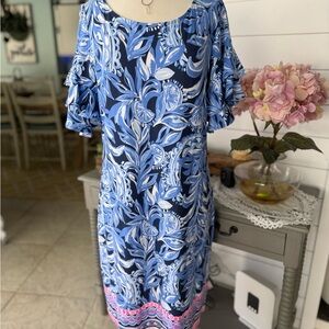 Lilly Pulitzer Blue and Pink Leaf Print Midi Dress